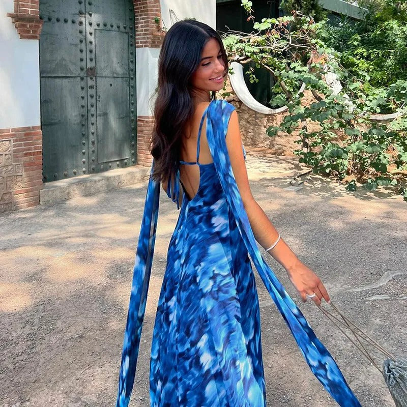 Maureen Halter Backless Print Sexy Maxi Dress