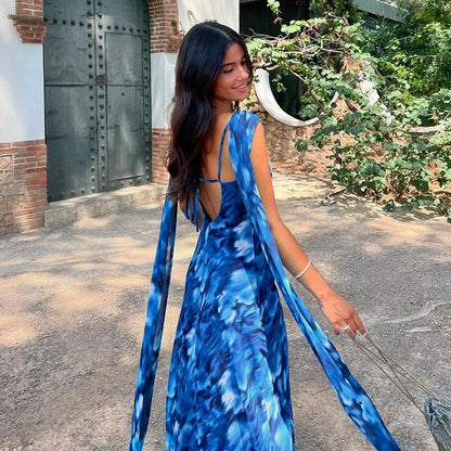 Maureen Halter Backless Print Sexy Maxi Dress