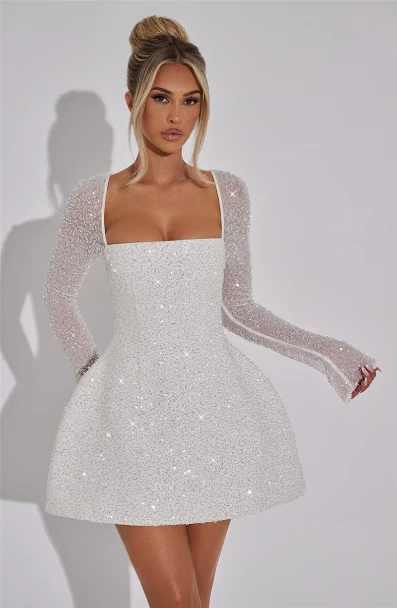 Jenny Sequins Long Sleeve Backless Sexy Mini Dress