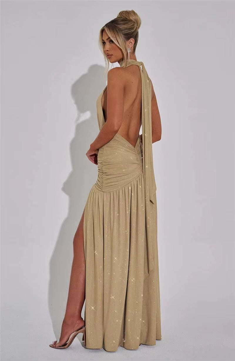 Aimee Glitter Deep V Neck Sexy Maxi Dress