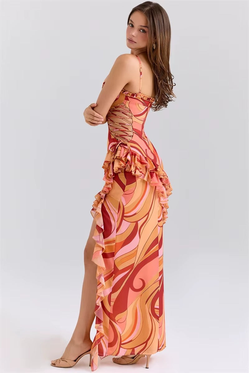 Print Ruffle Cut Out Sexy Maxi Dress
