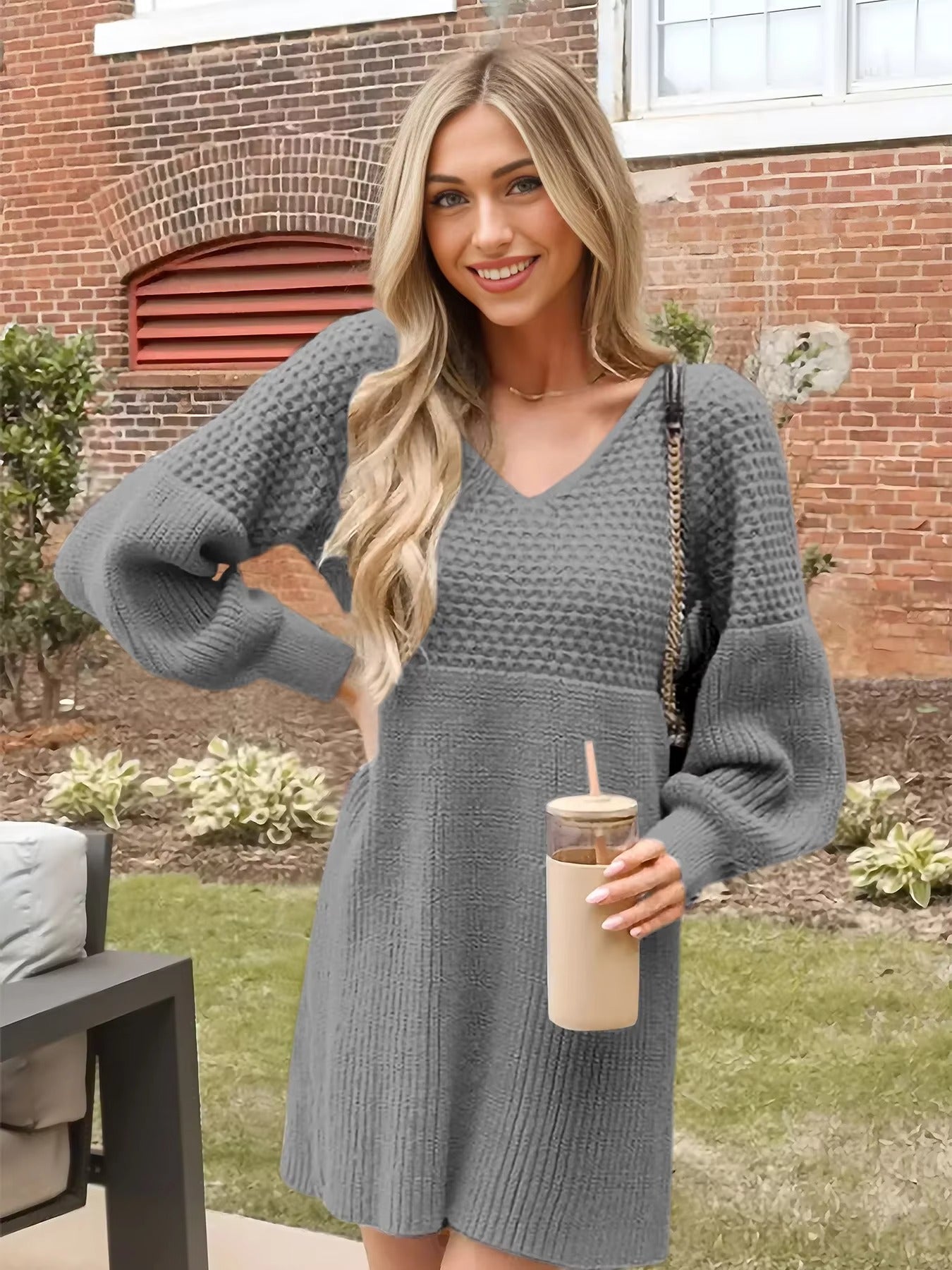 Women's Casual V-Neck Bubble Sleeve Pure Knitted Sweater Dress
