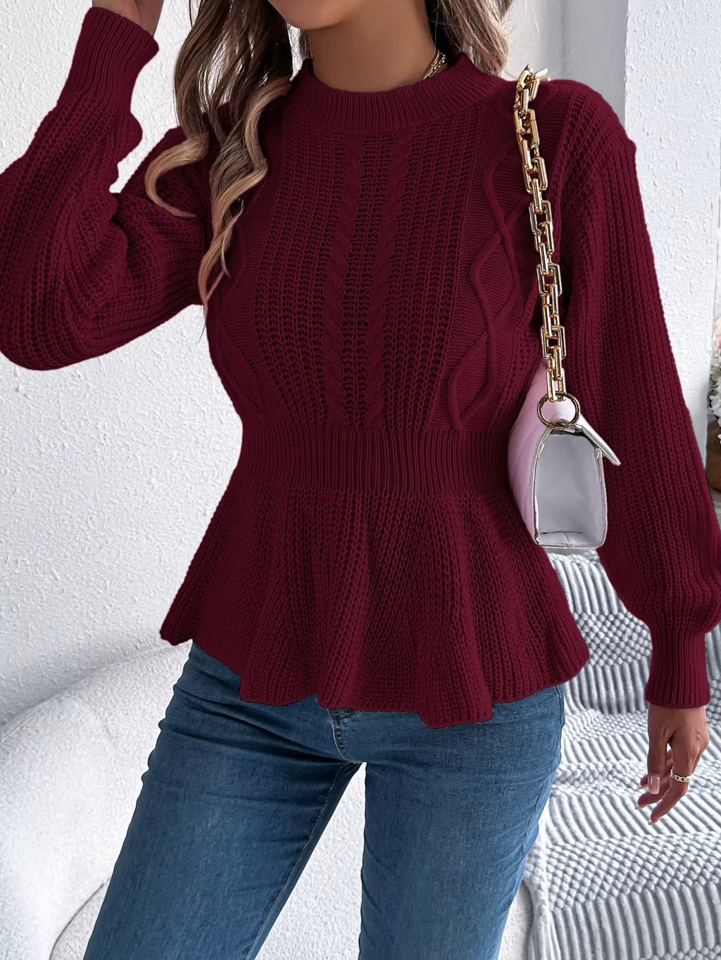 Women's Belted Waist & Flounce Hem Casual Long Sleeve Round Neck Sweater