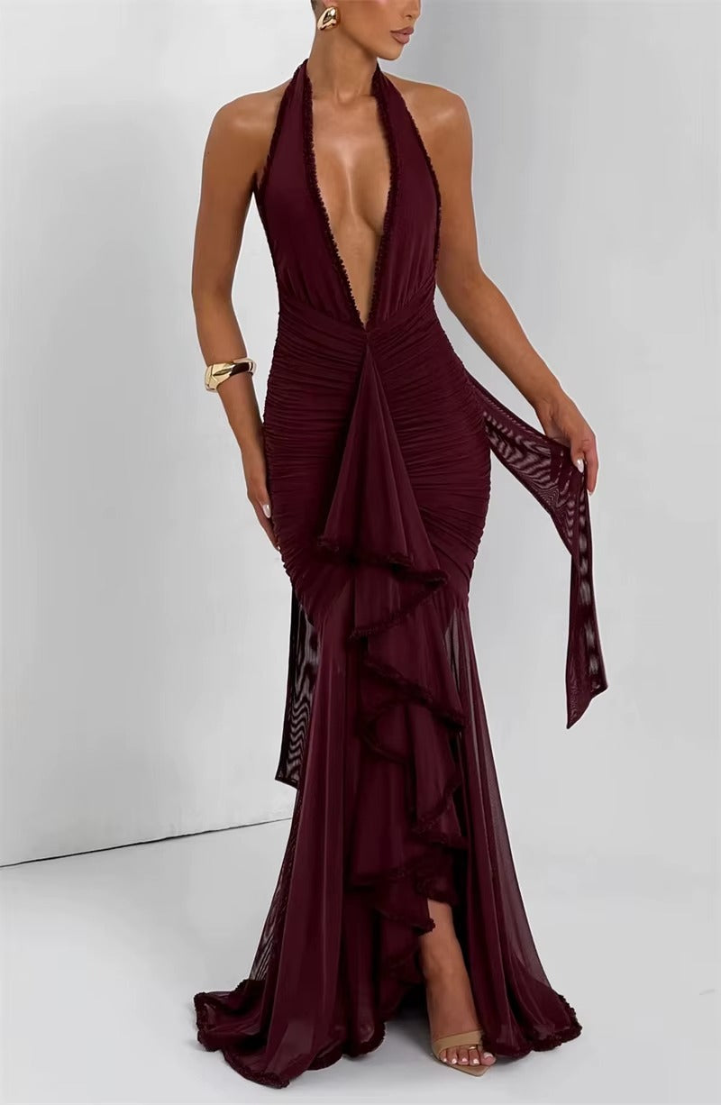Becky Halter Deep V Neck Sexy Maxi Dress