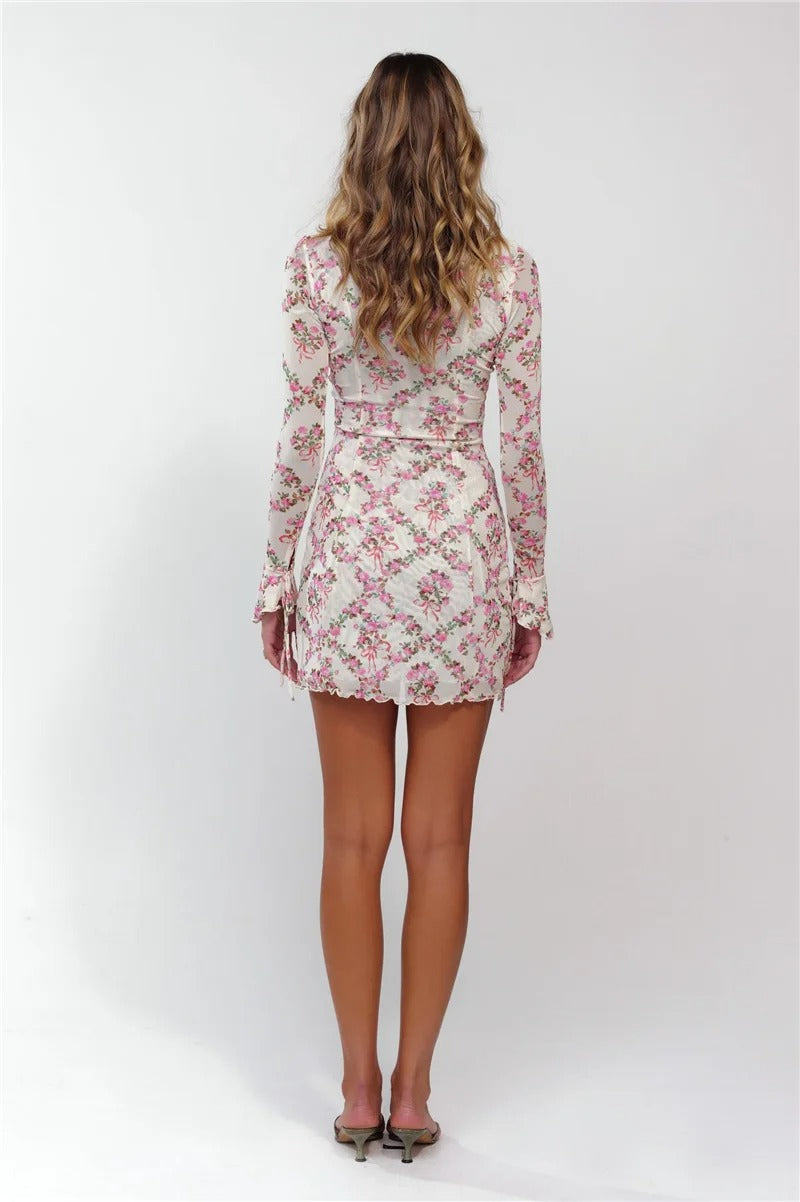 Miranda Deep V Neck Lace-up Print Sexy Mini Dress