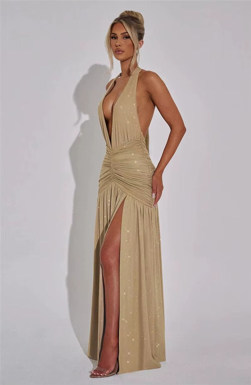 Aimee Glitter Deep V Neck Sexy Maxi Dress