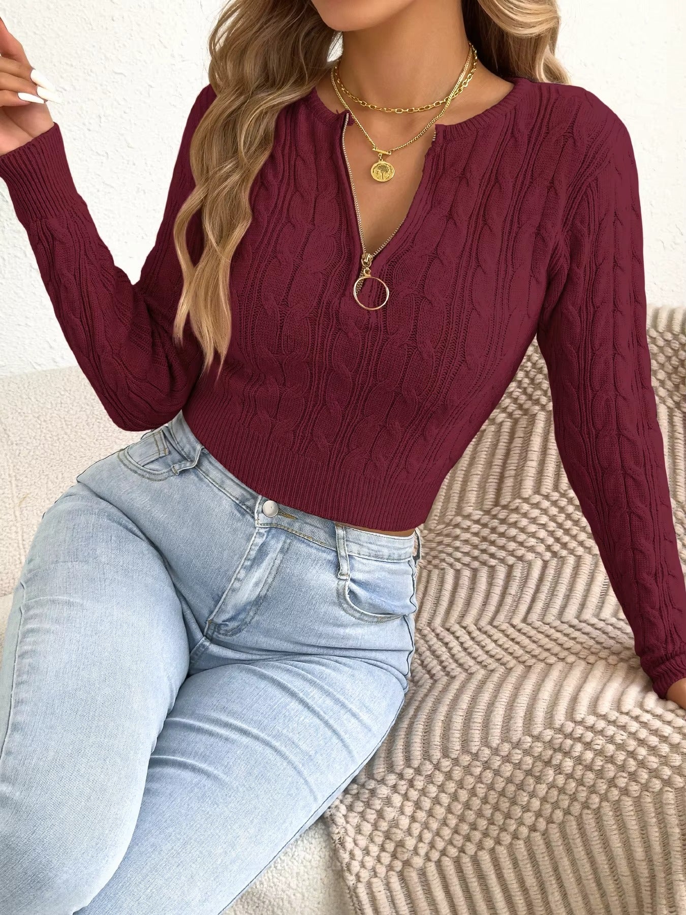 Women's Cable Knit Half Zipper Long Sleeve Sweater