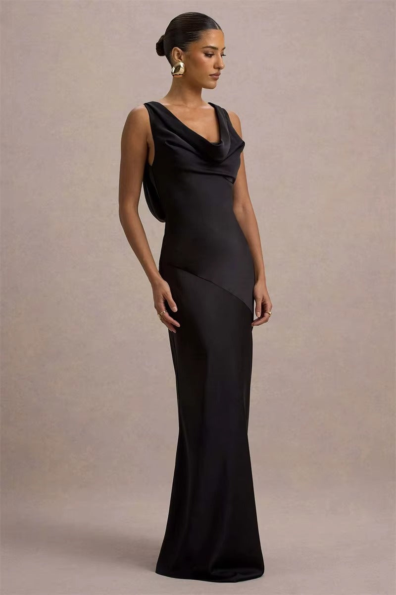 Satin Cowl Neck Backless Sexy Maxi Dress