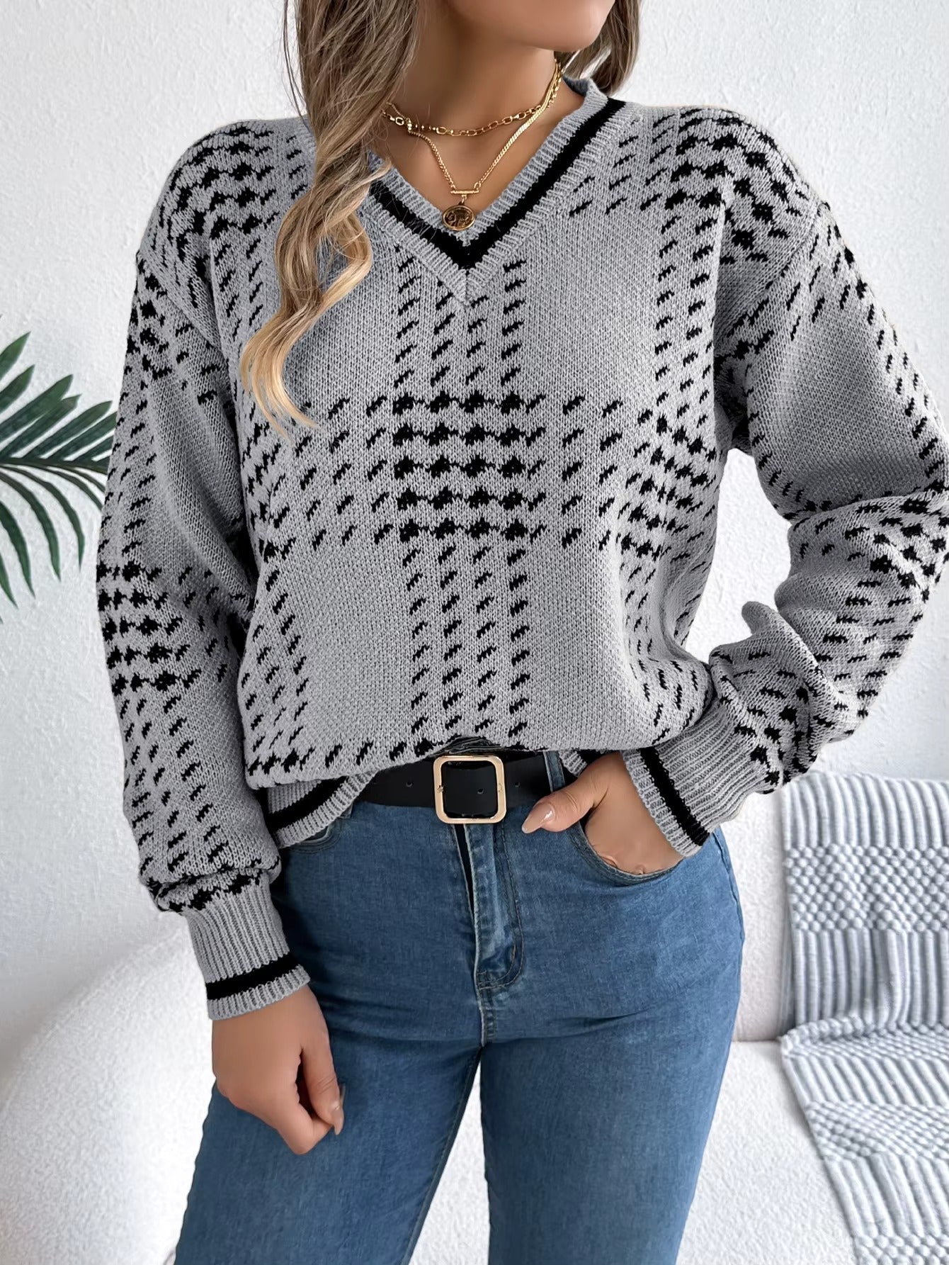 Women’s V-Neck Color Block Grid Striped Sweater