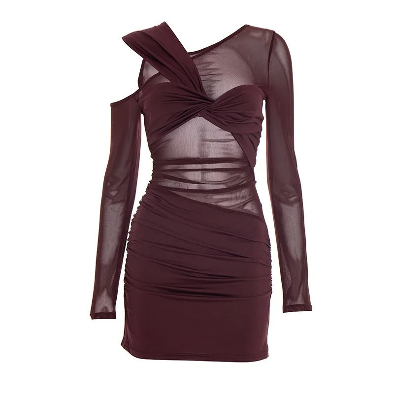 Inclined Shoulder Long Sleeve Sexy Mini Dress