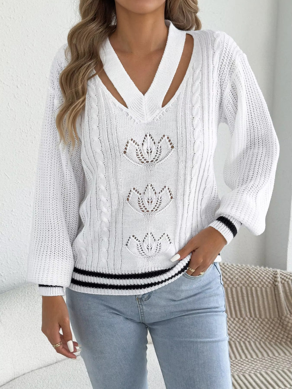 Women’s V-Neck Floral Hollow Out Striped Sweater