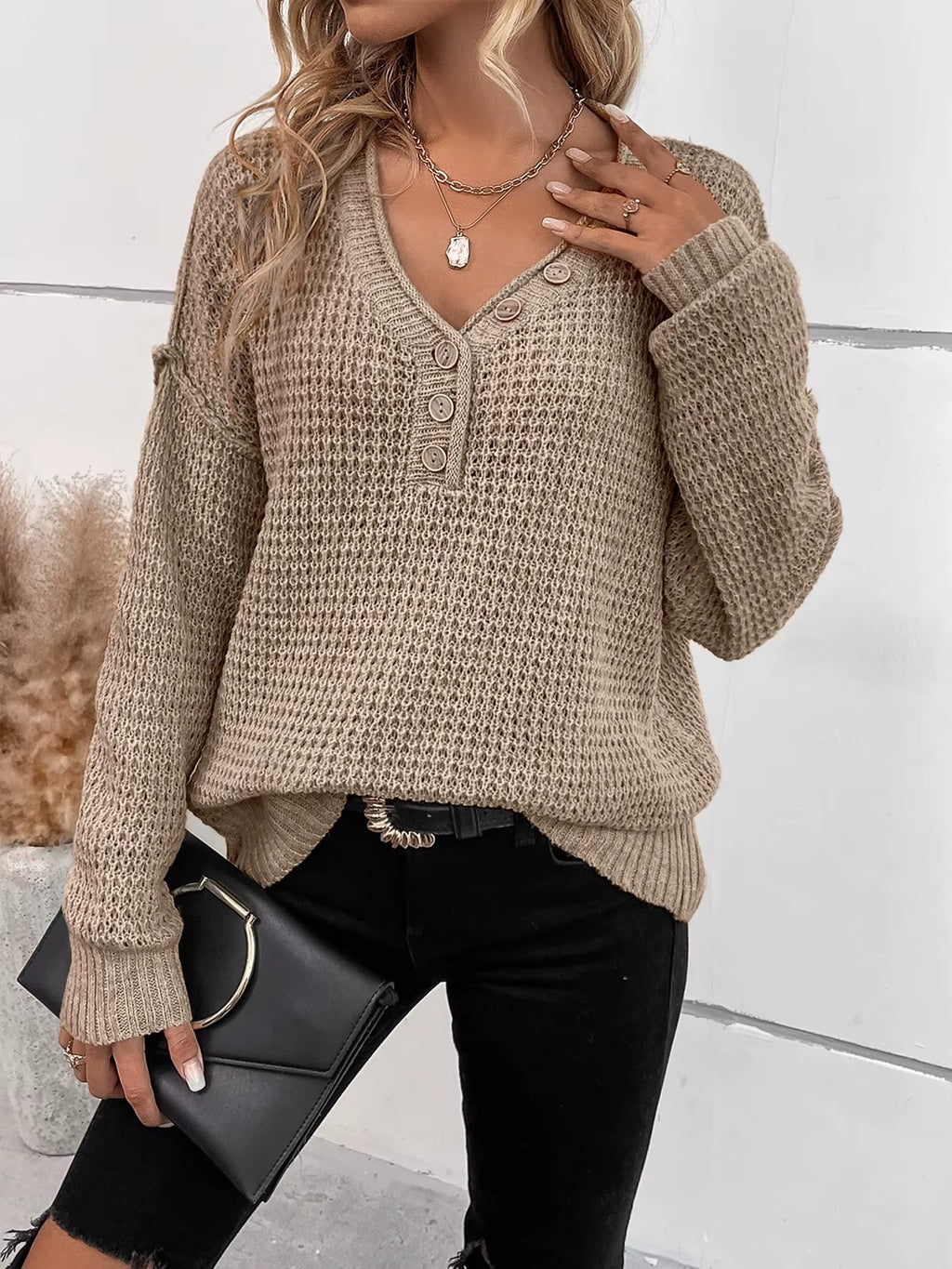 Women's Knitted Long Sleeve V-Neck Button Sweater