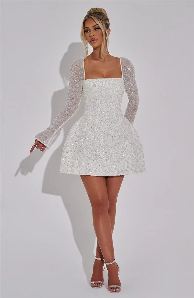 Jenny Sequins Long Sleeve Backless Sexy Mini Dress