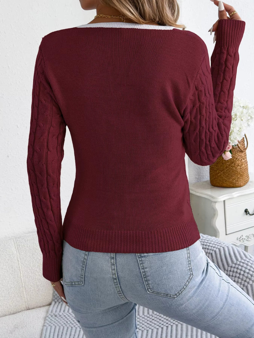 Women's Square Neck Twist Striped Long Sleeve Knit Sweater