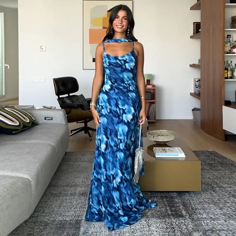 Maureen Halter Backless Print Sexy Maxi Dress