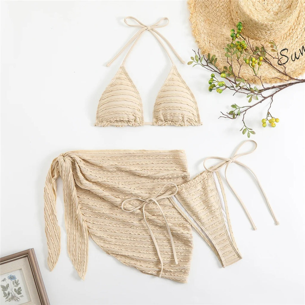 Priscilla With Sarong Halter Wrinkled Bikini