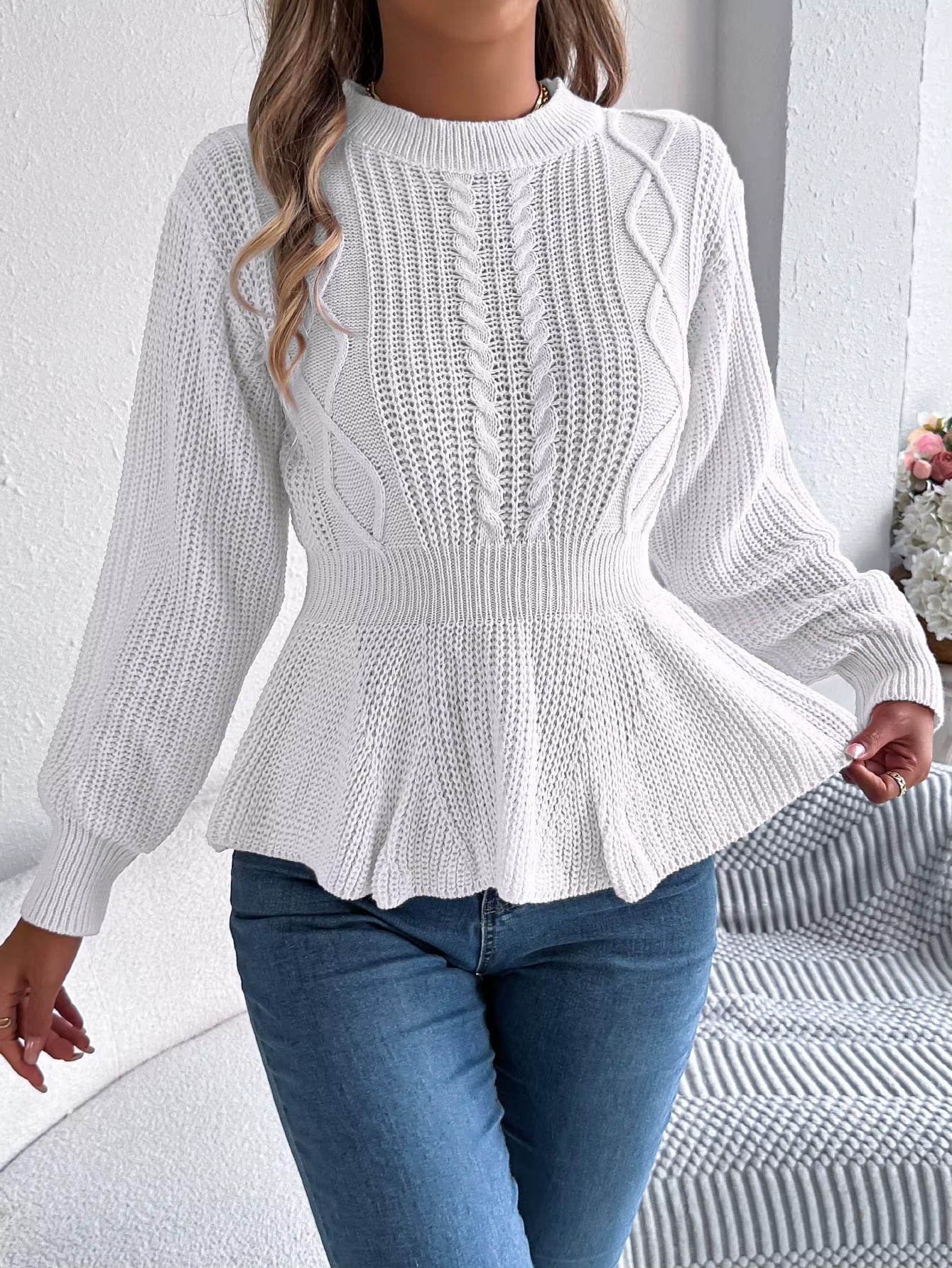 Women's Belted Waist & Flounce Hem Casual Long Sleeve Round Neck Sweater
