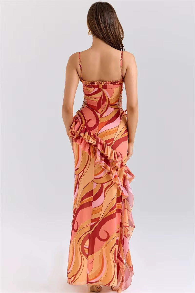 Print Ruffle Cut Out Sexy Maxi Dress