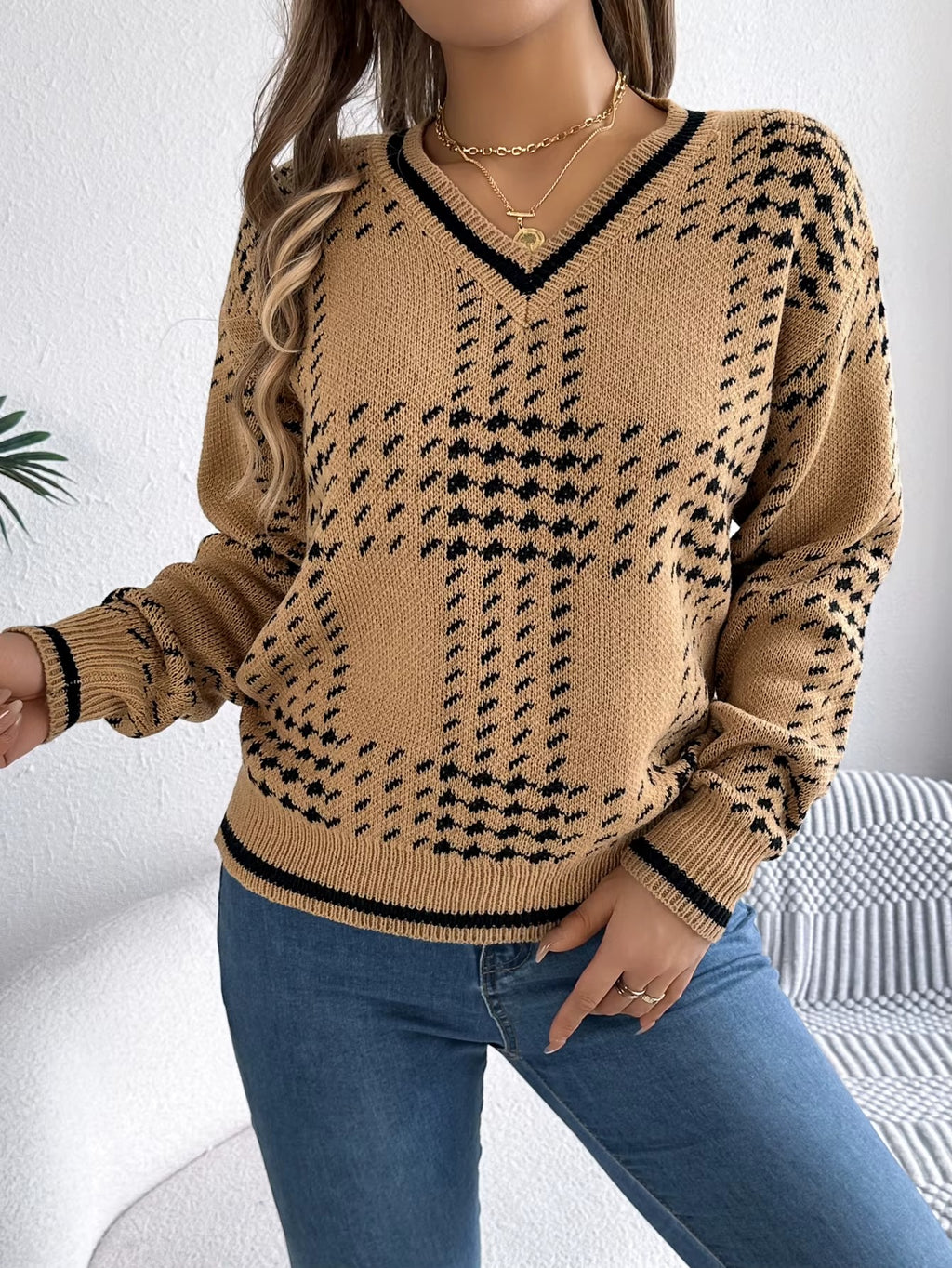 Women’s V-Neck Color Block Grid Striped Sweater