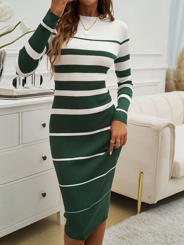 Slim Striped Print Long-Sleeve Office Ladies Knitted Dress