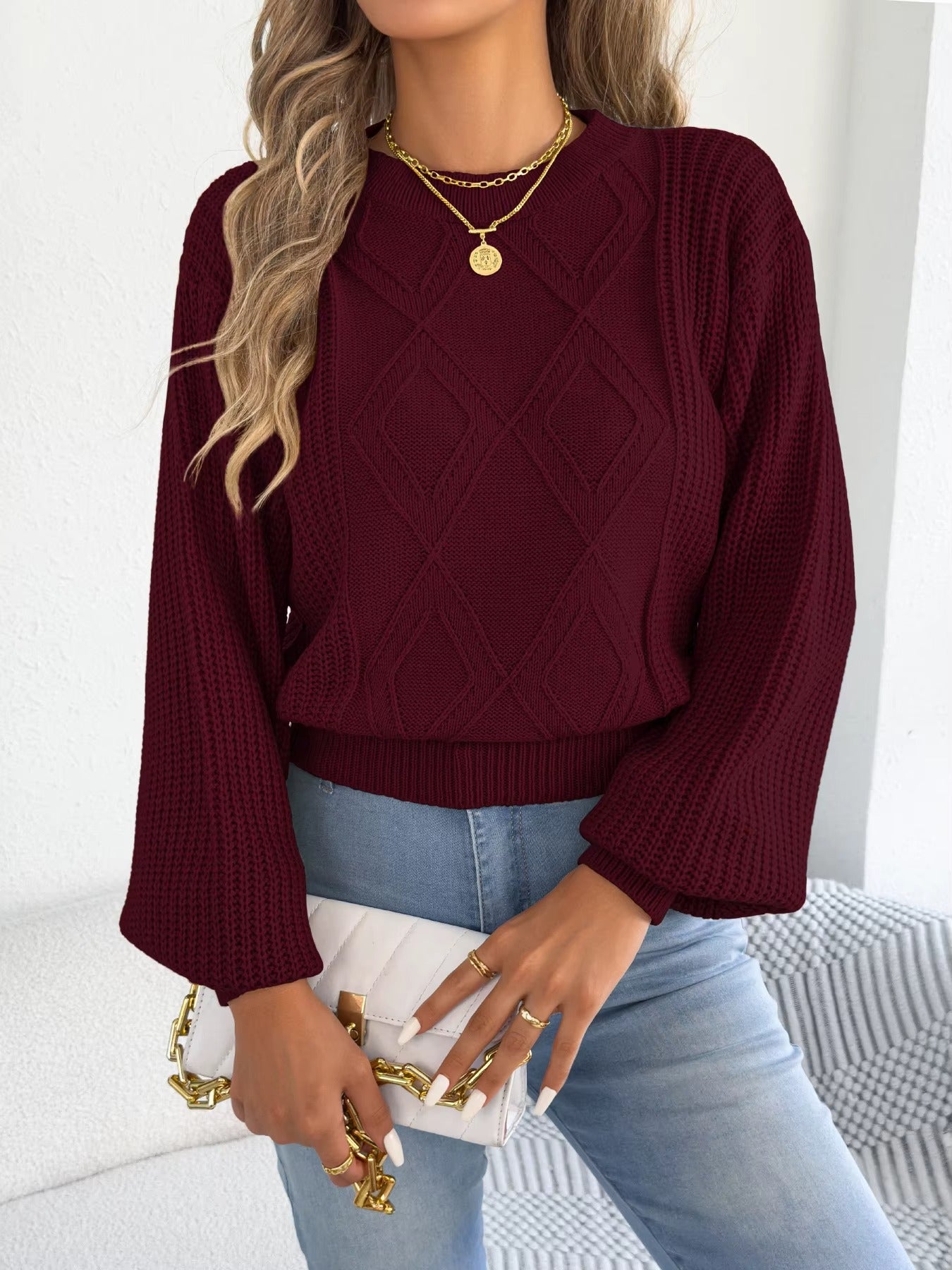 Women's Solid Color Lantern Sleeve Round Neck Knitted Sweater