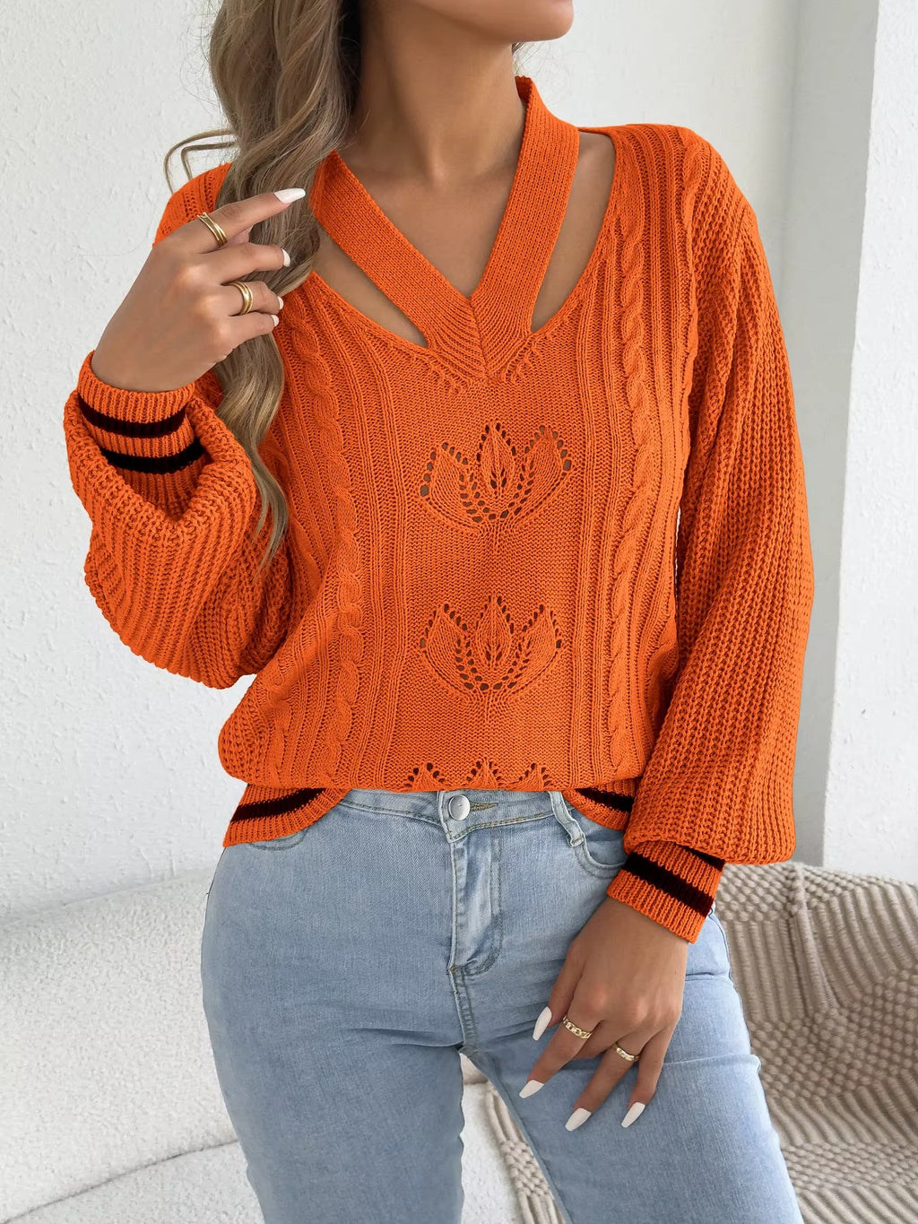 Women’s V-Neck Floral Hollow Out Striped Sweater