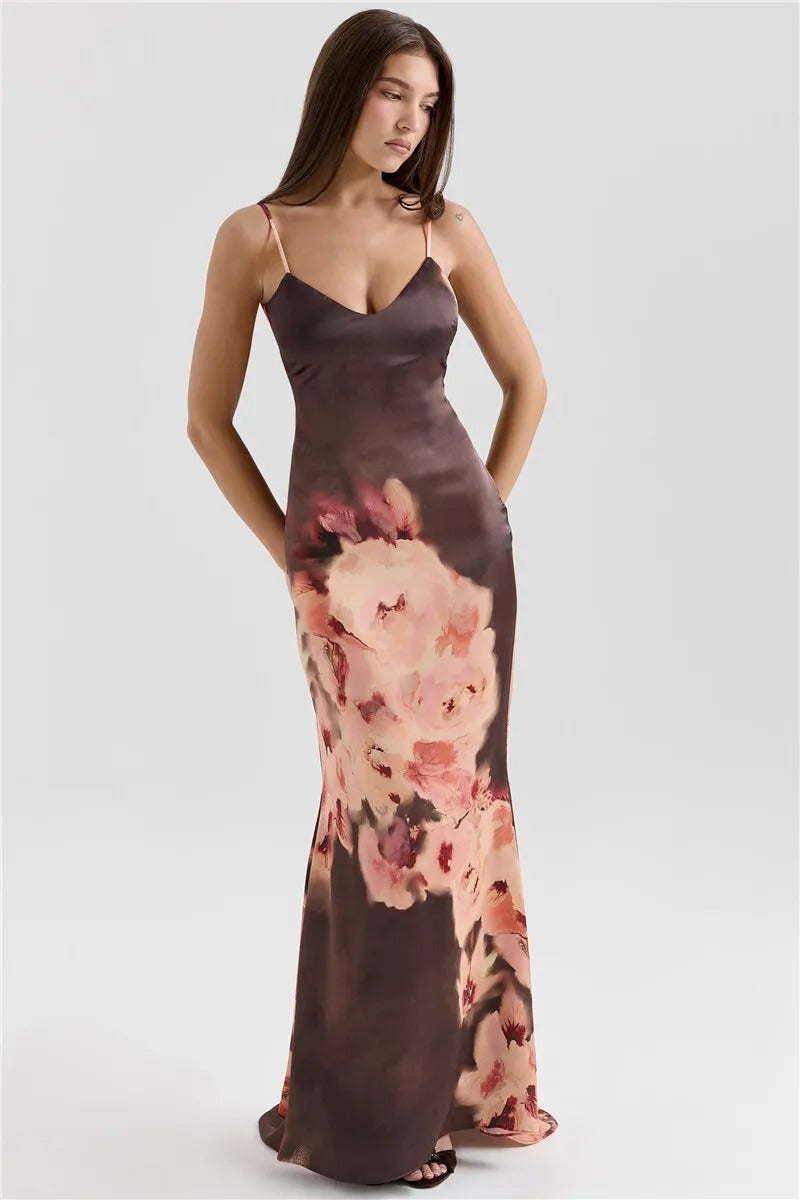Rachel Satin Floral Print Sexy Maxi Dress