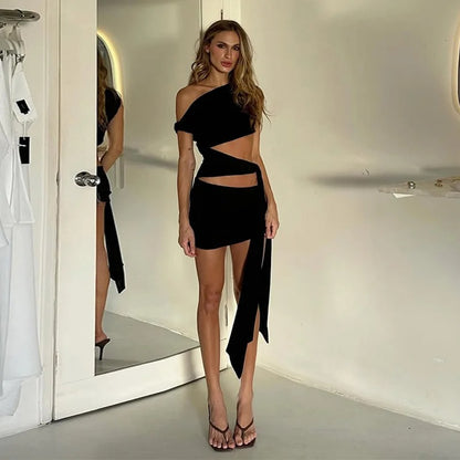 Carly Hollow Out Oblique Shoulder Sexy Mini Dress