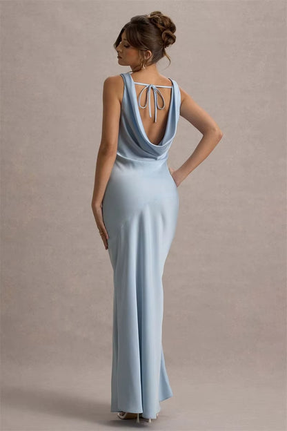 Satin Cowl Neck Backless Sexy Maxi Dress