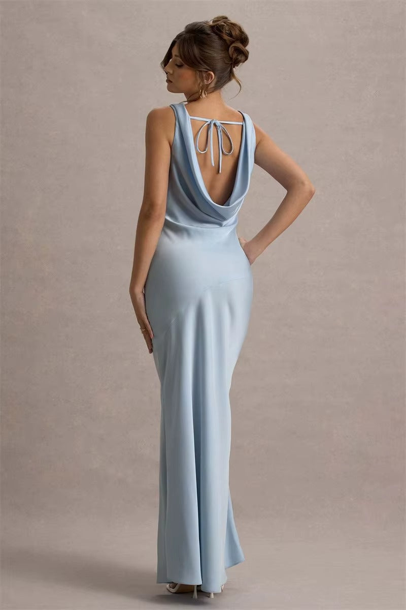 Bertha Satin Cowl Neck Backless Sexy Maxi Dress