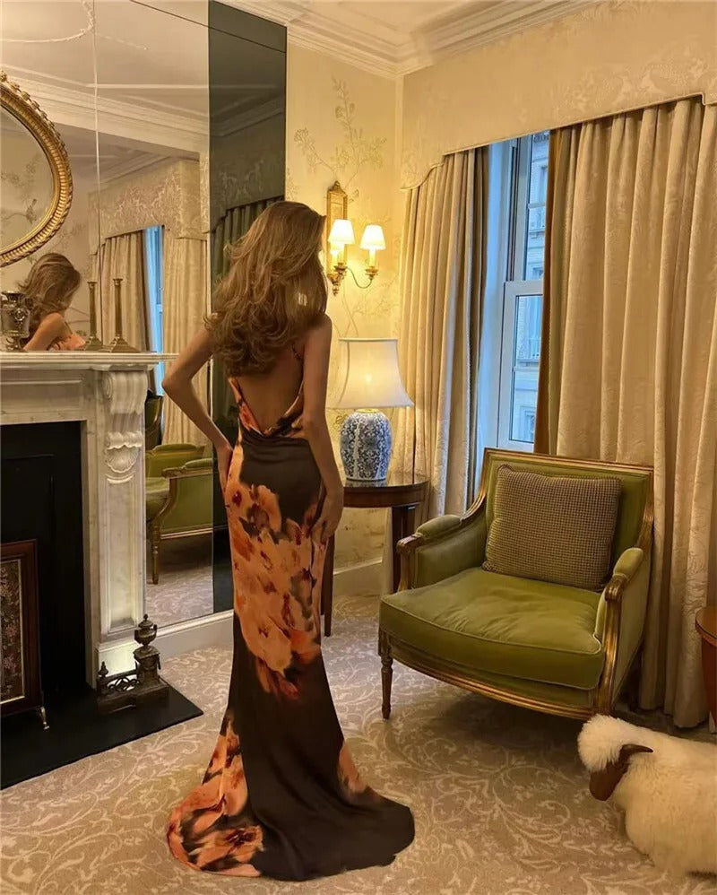 Rachel Satin Floral Print Sexy Maxi Dress