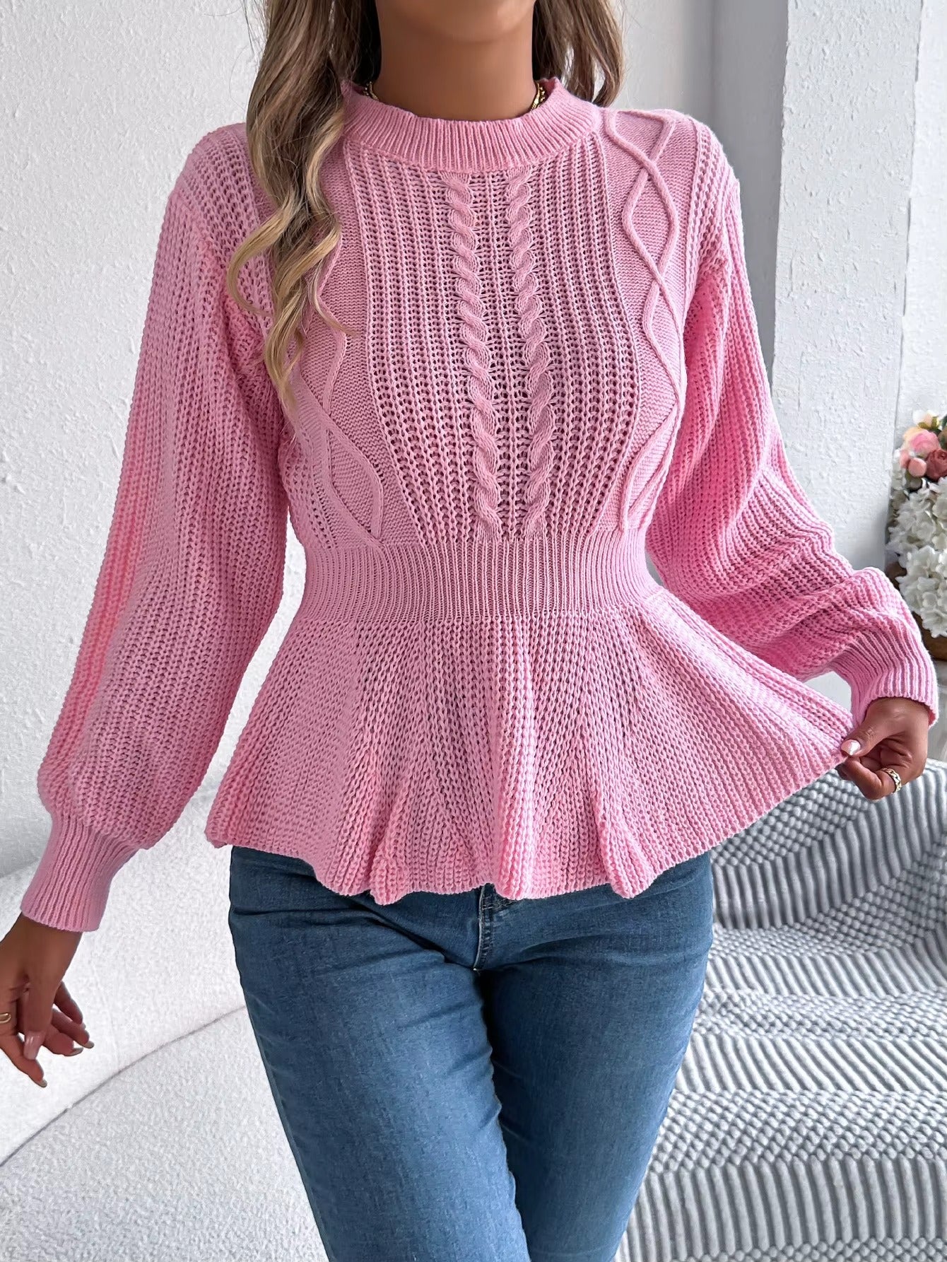 Women's Belted Waist & Flounce Hem Casual Long Sleeve Round Neck Sweater