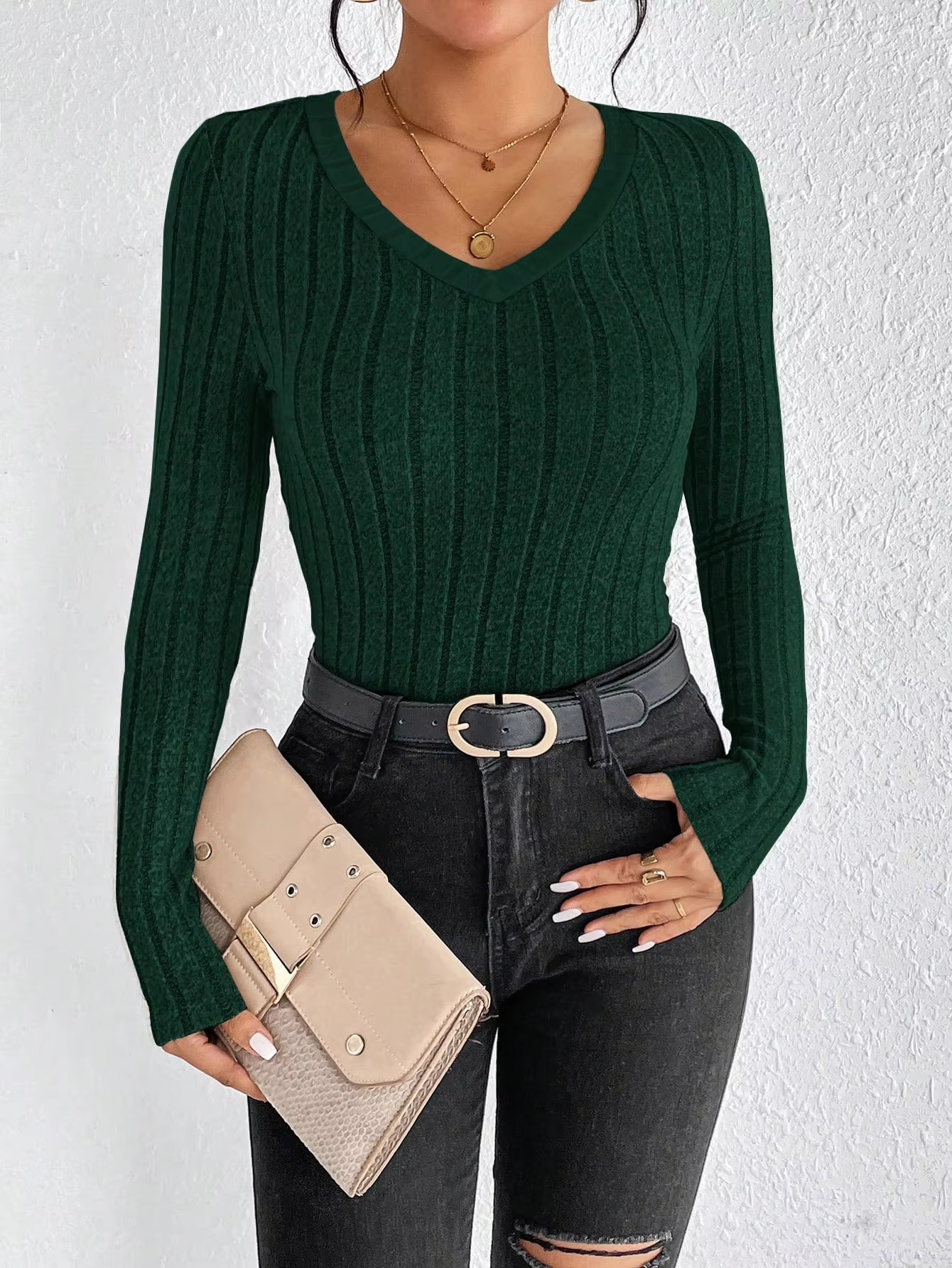 Slim Fit V-Neck Long Sleeve Knitted Jumper for Women