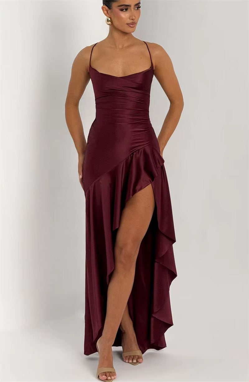 Satin Spaghetti Strap Ruffle Sexy Maxi Dress
