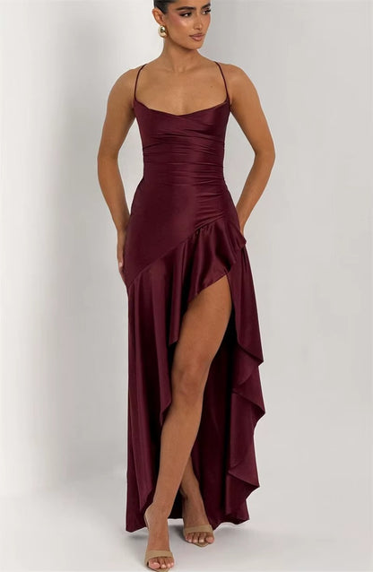 Satin Spaghetti Strap Ruffle Sexy Maxi Dress