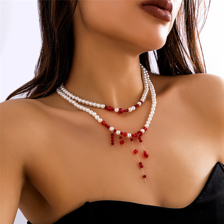 Marilyn Vintage Red Blood Pearl Chain Necklace