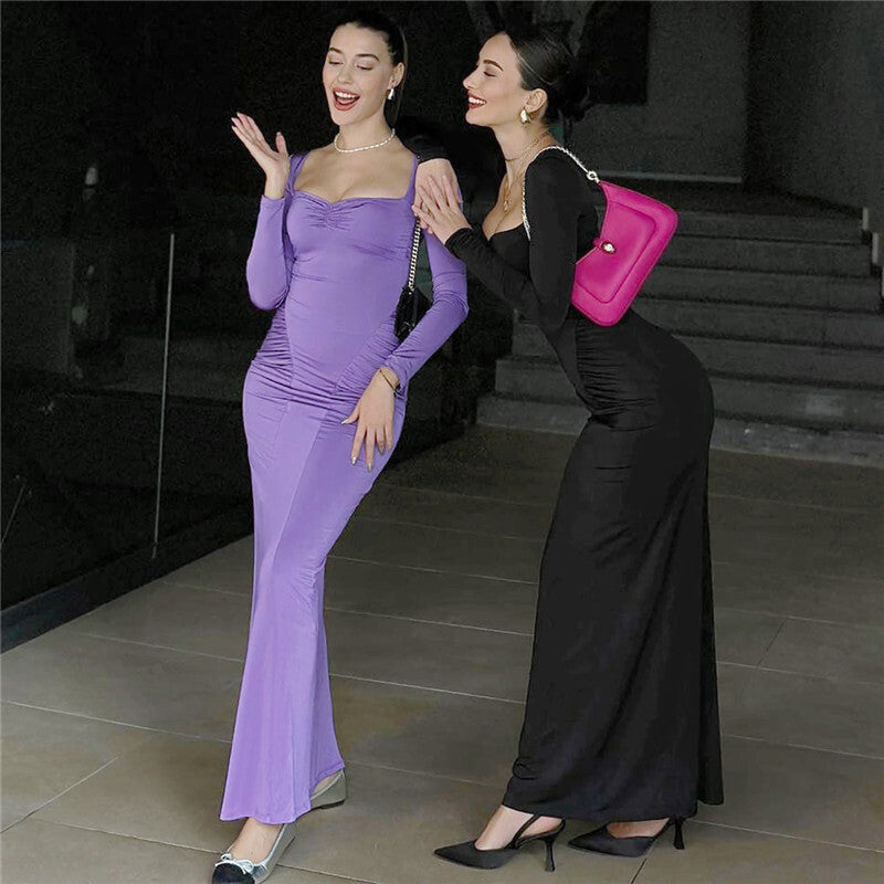 Pamela Square Collar Long Sleeve Sexy Long Dress