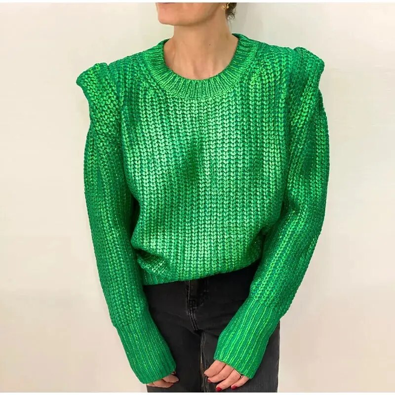 Janet O Neck Shiny Metallic Color Knit Women Sweater