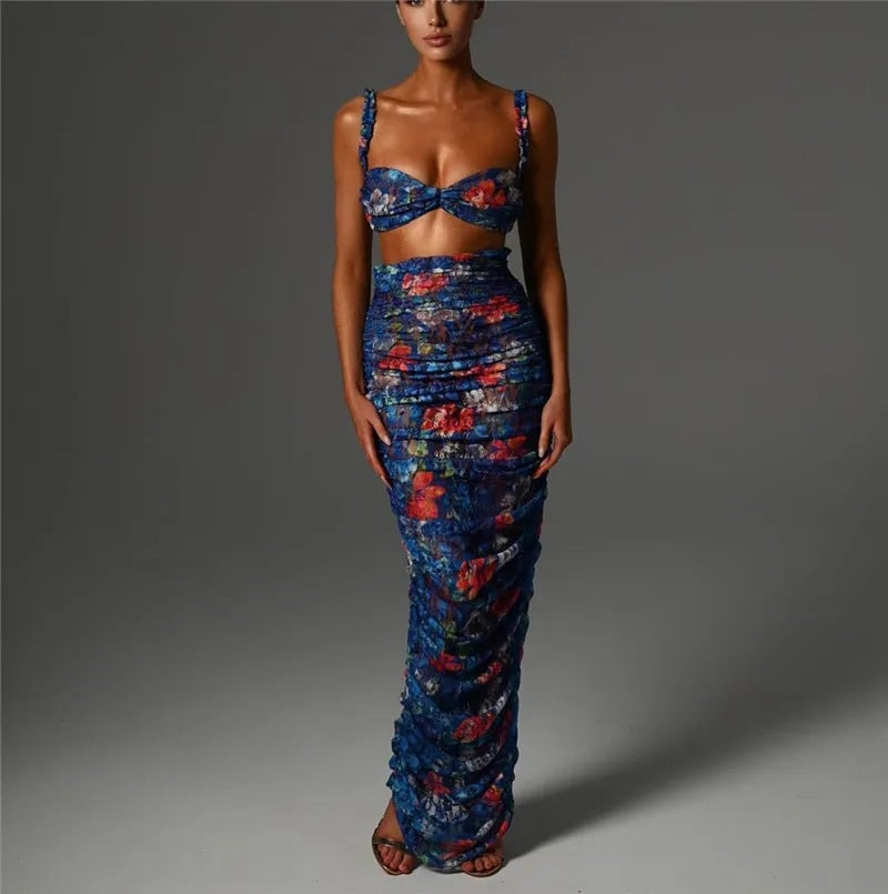 Alyssa Strapless Ruched Print Sexy Top And Skirt Set