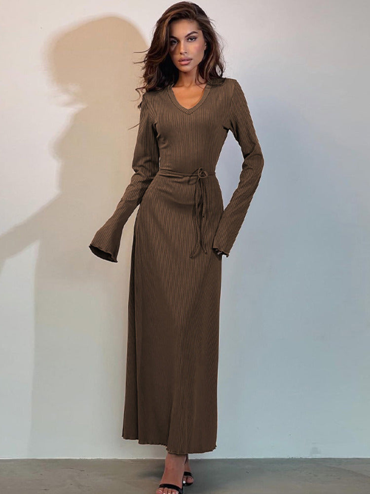 Shirley V Neck Lace-up Long Sleeve Maxi Dress