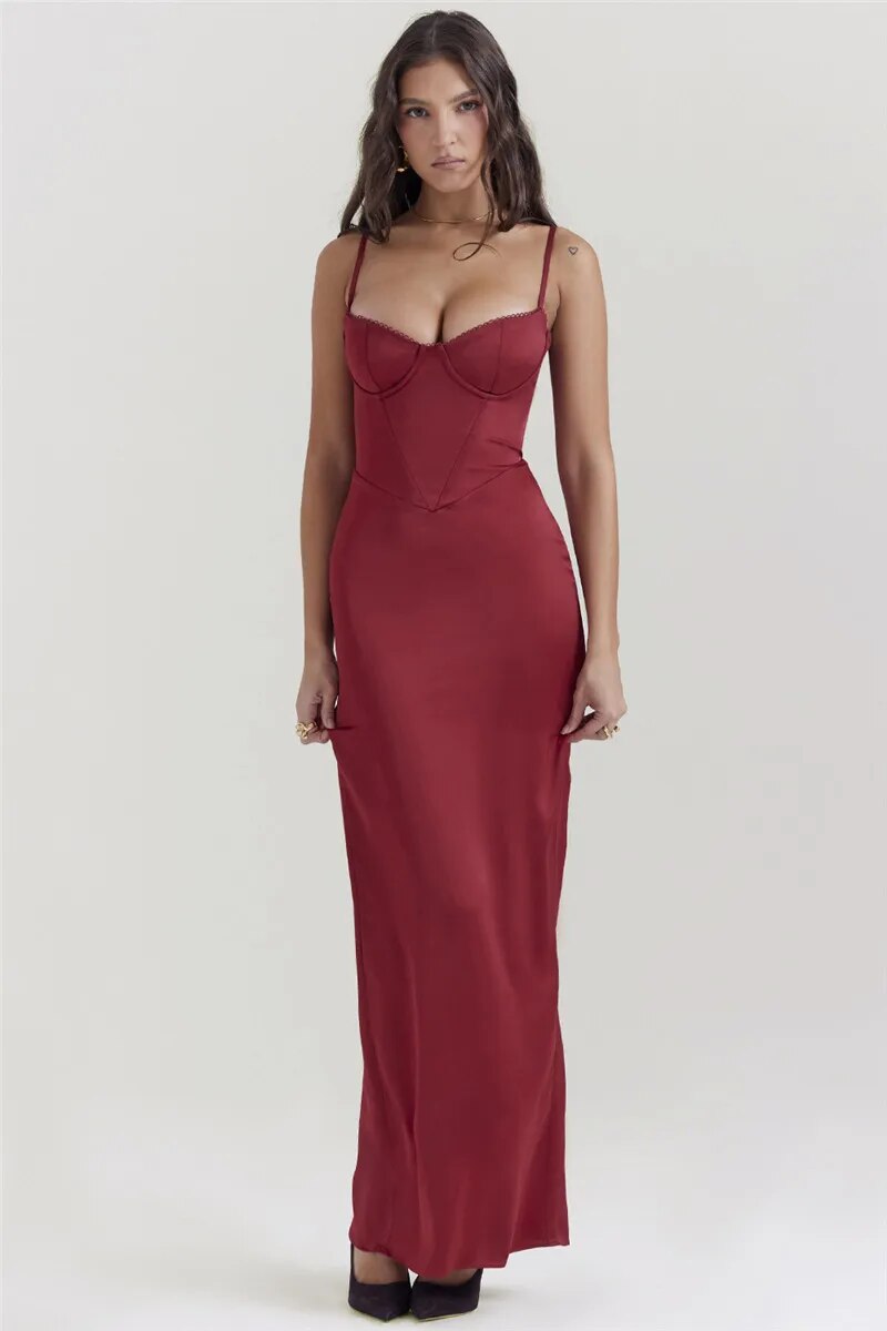Joanna Satin Spaghetti Strap Backless Bodycon Maxi Dress