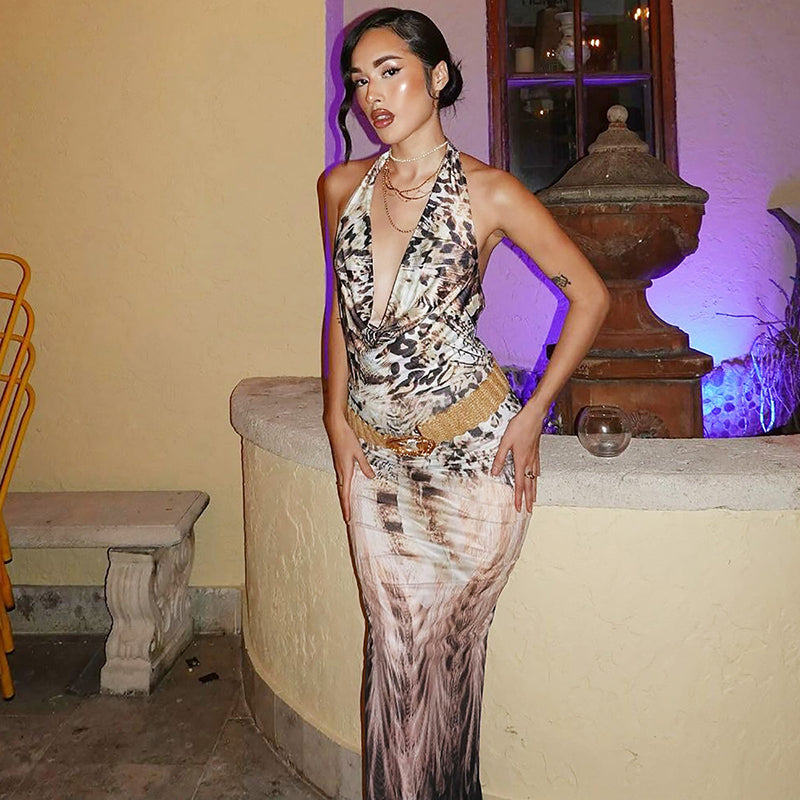 Shannon Backless Print V-neck Lace Up Sexy Maxi Dress