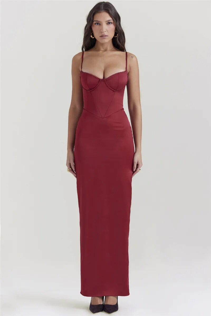 Joanna Satin Spaghetti Strap Backless Bodycon Maxi Dress