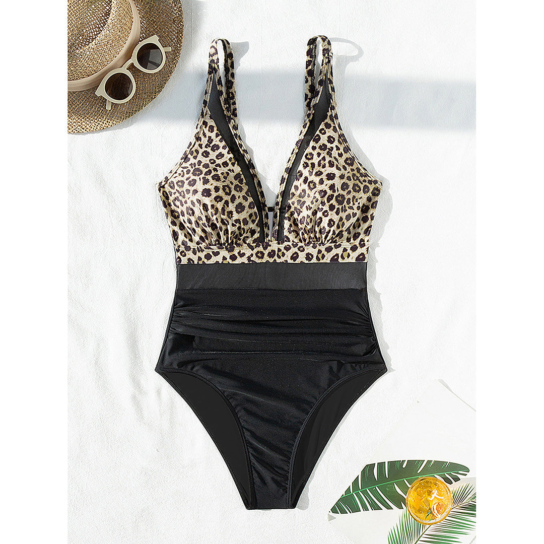 Fiona Mesh Sheer V Neck Leopard Printed Monokini