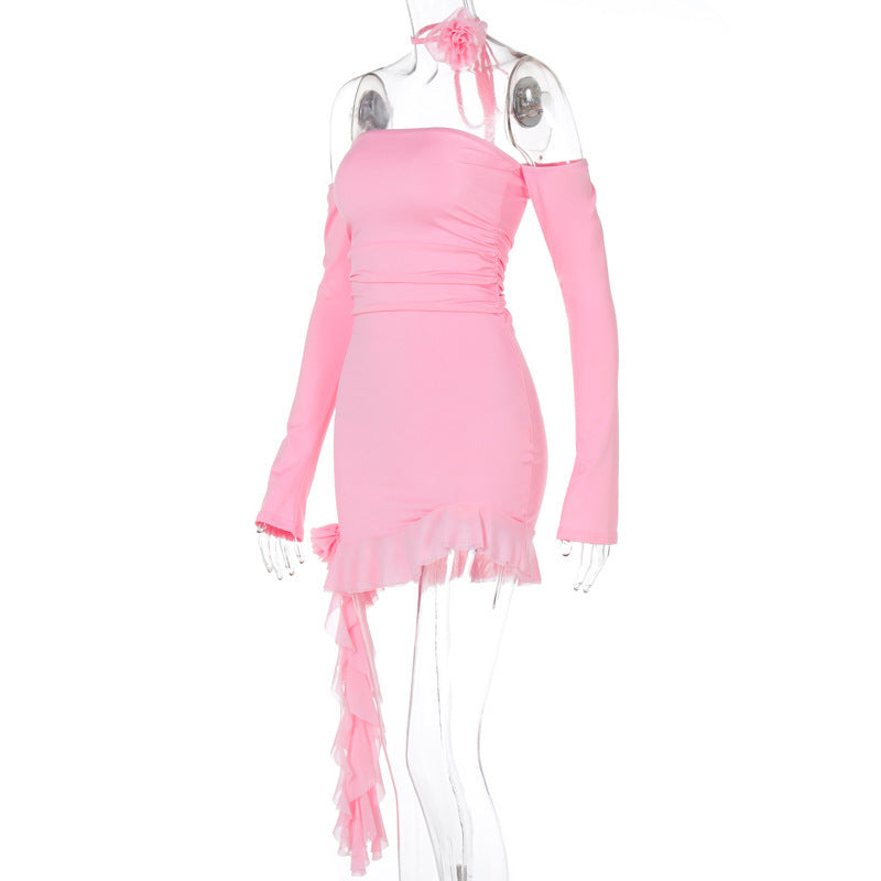 Phyllis Halter 3D Flower Ruffle Mini Dress