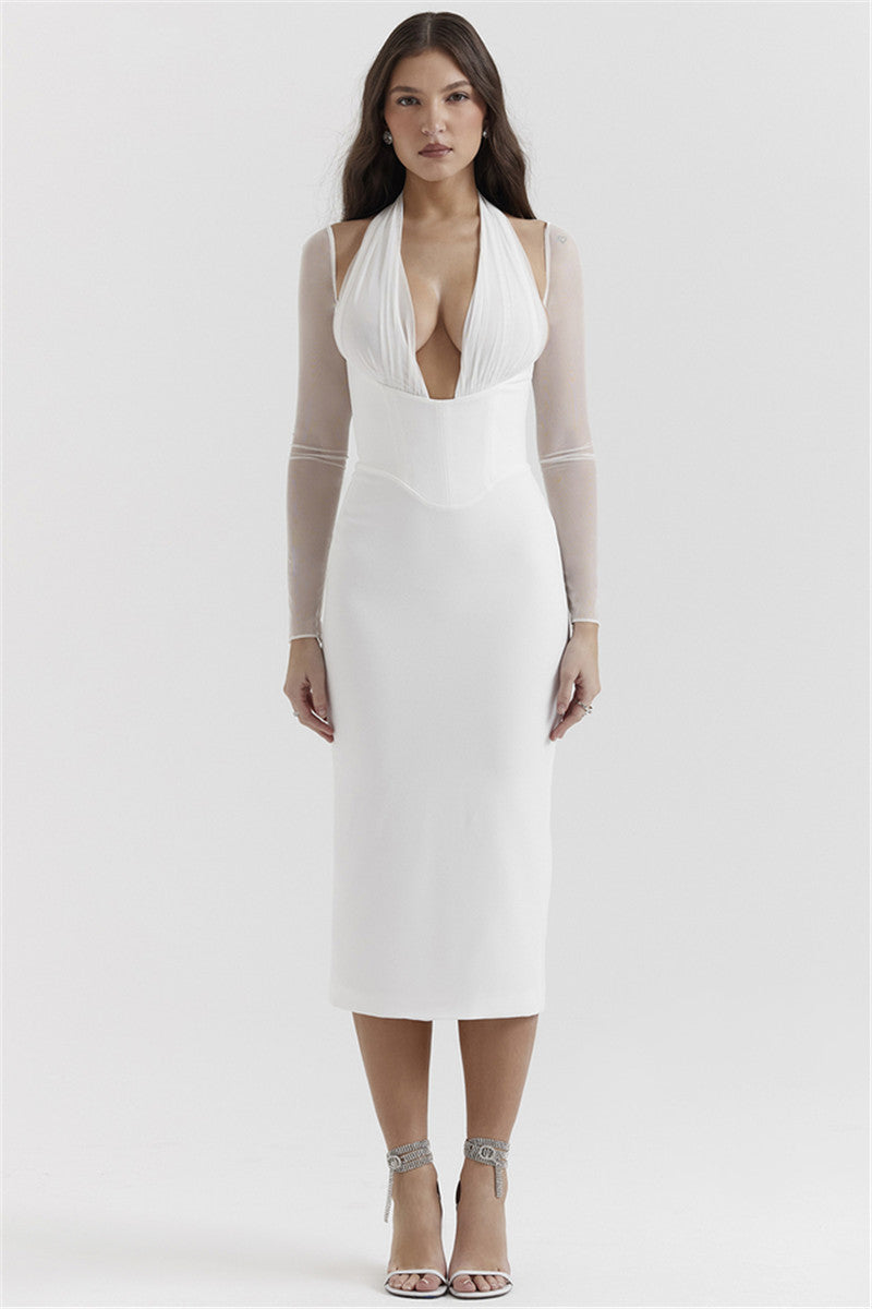 Teresa Halter Deep V Neck Sexy Midi Dress