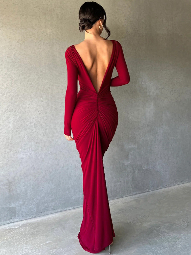 Ruby Deep V Neck Ruched Maxi Dress