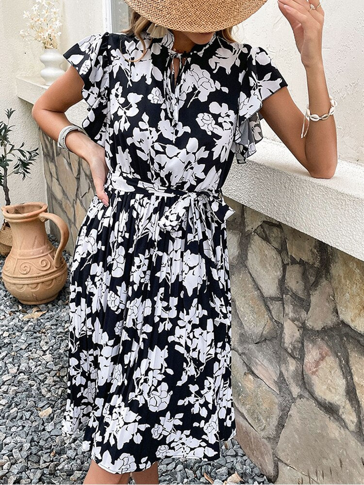 Marilyn Vintage Floral Print Pleated Midi Dress