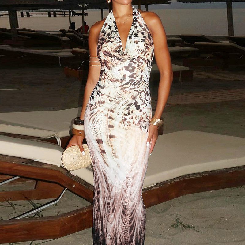 Shannon Backless Print V-neck Lace Up Sexy Maxi Dress