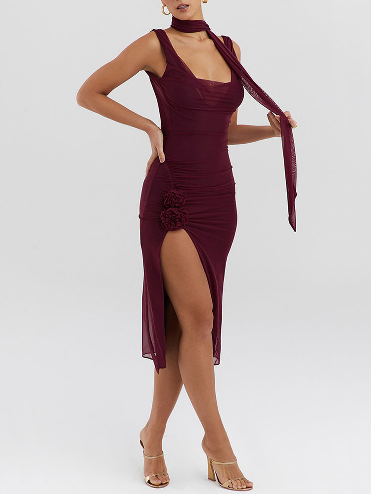 Joanna Flower High Split Sexy Midi Dress